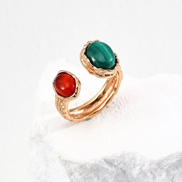 🔥 Artisan Original Malachite & Red Agate "Toi et Moi" Ring | S925 Gold Adjustab - Picture 1 of 13